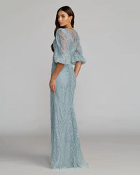 Embroidered Boat Neck Puff Sleeve Gown - Blue