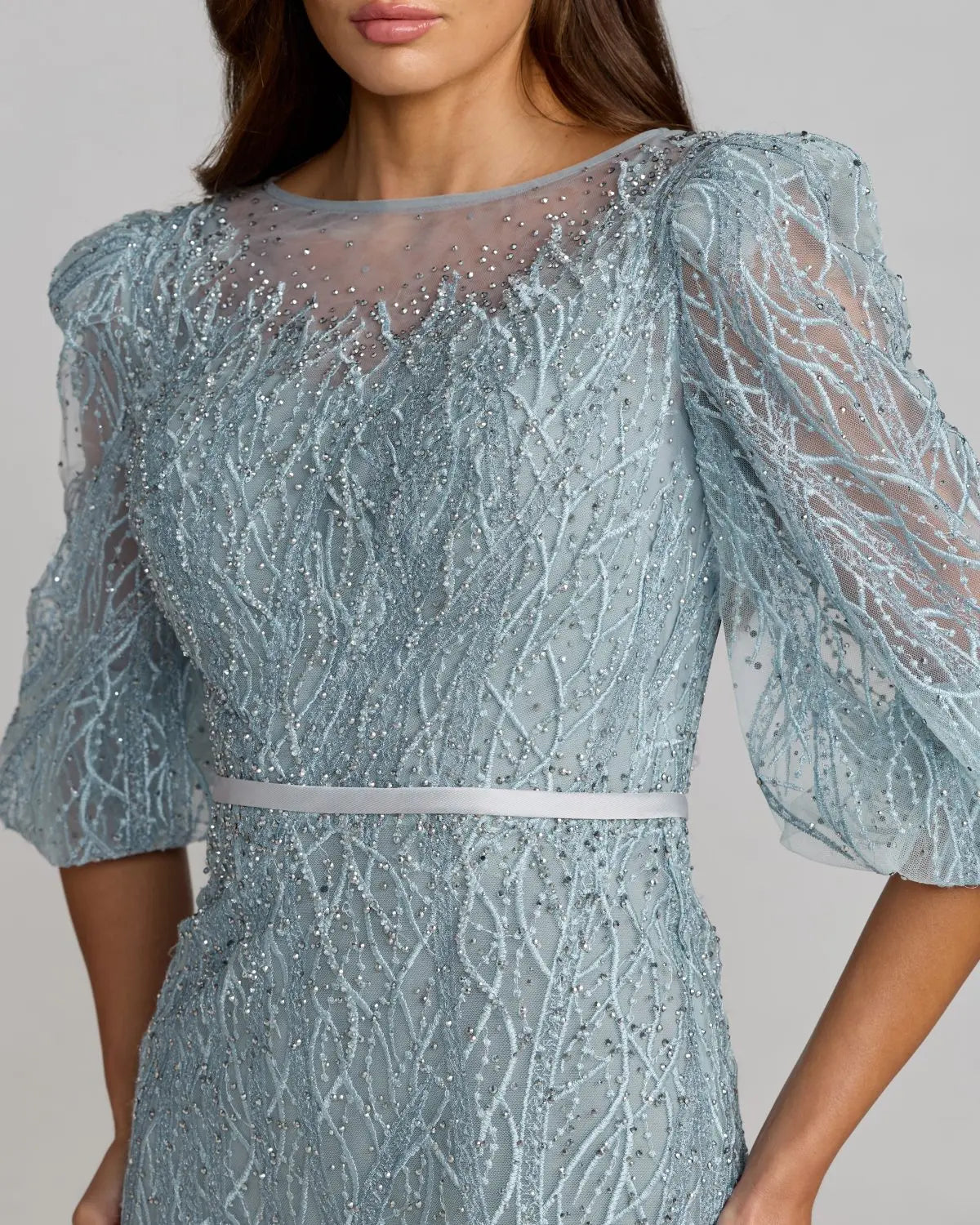 Embroidered Boat Neck Puff Sleeve Gown - Blue
