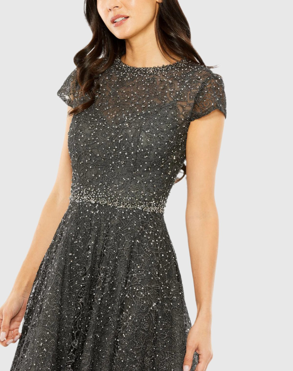 Gray Embellished Cap Sleeve A Line Dress - Graphite