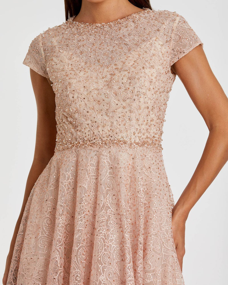 Embellished Cap Sleeve A Line Dress - Blush