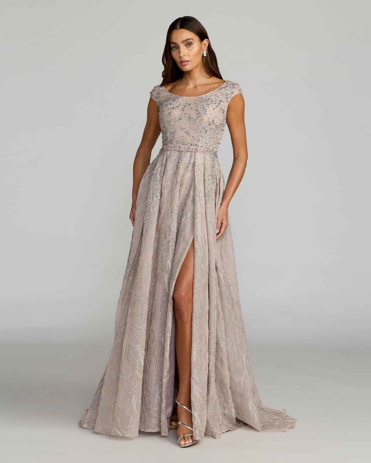 Mac Duggal  #20374 Light Purple Beaded Cap Sleeve A-Line Gown Grey