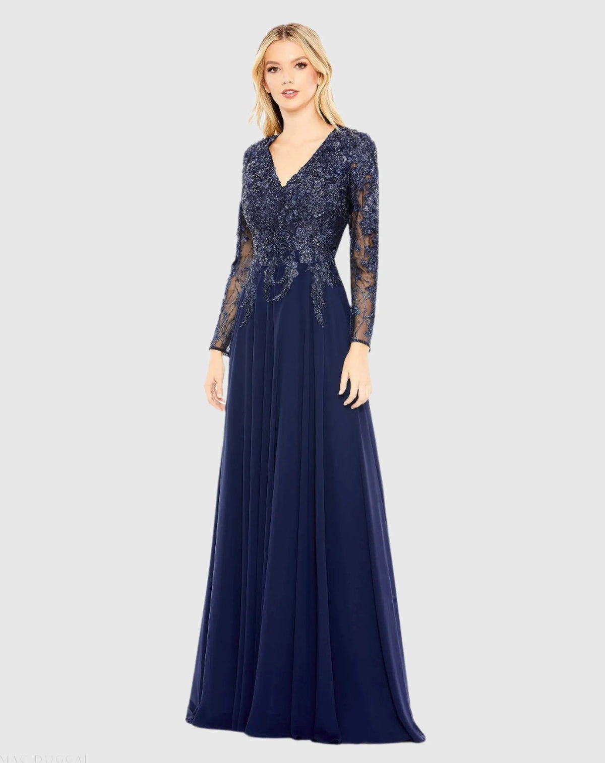 Mac Duggal #20388 Embellished Illusion V Neck Long Navy