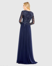 Embellished Illusion V Neck Long Sleeve Gown - Navy back