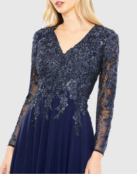 Embellished Illusion V Neck Long Sleeve Gown - Navy detail