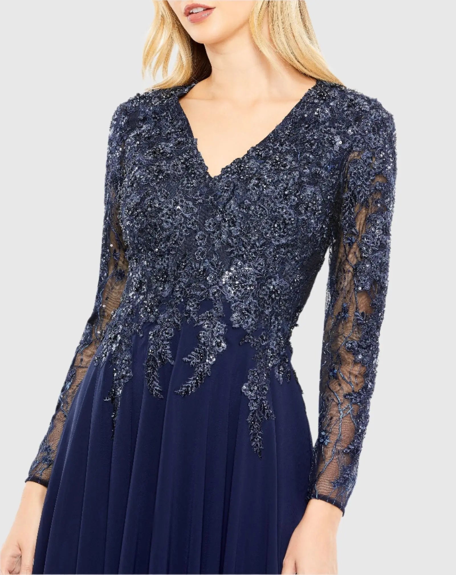 Embellished Illusion V Neck Long Sleeve Gown - Navy detail