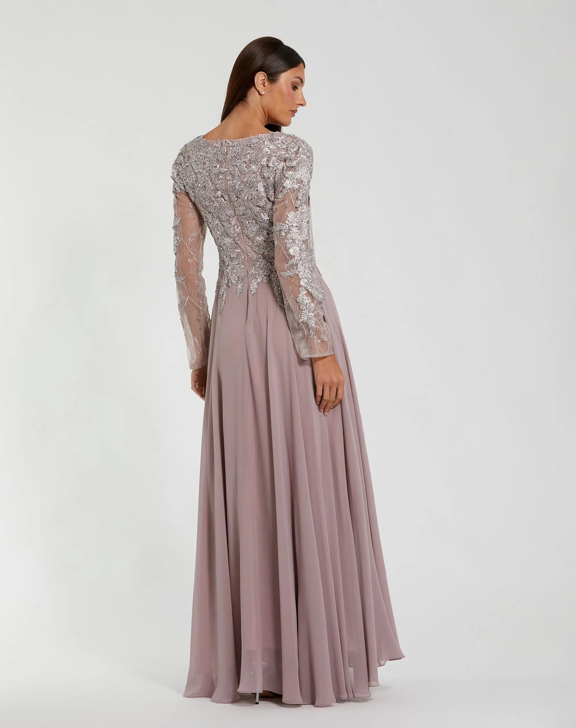 Embellished Illusion V Neck Long Sleeve Gown - Vintage Lilac