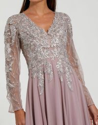 Embellished Illusion V Neck Long Sleeve Gown - Vintage Lilac