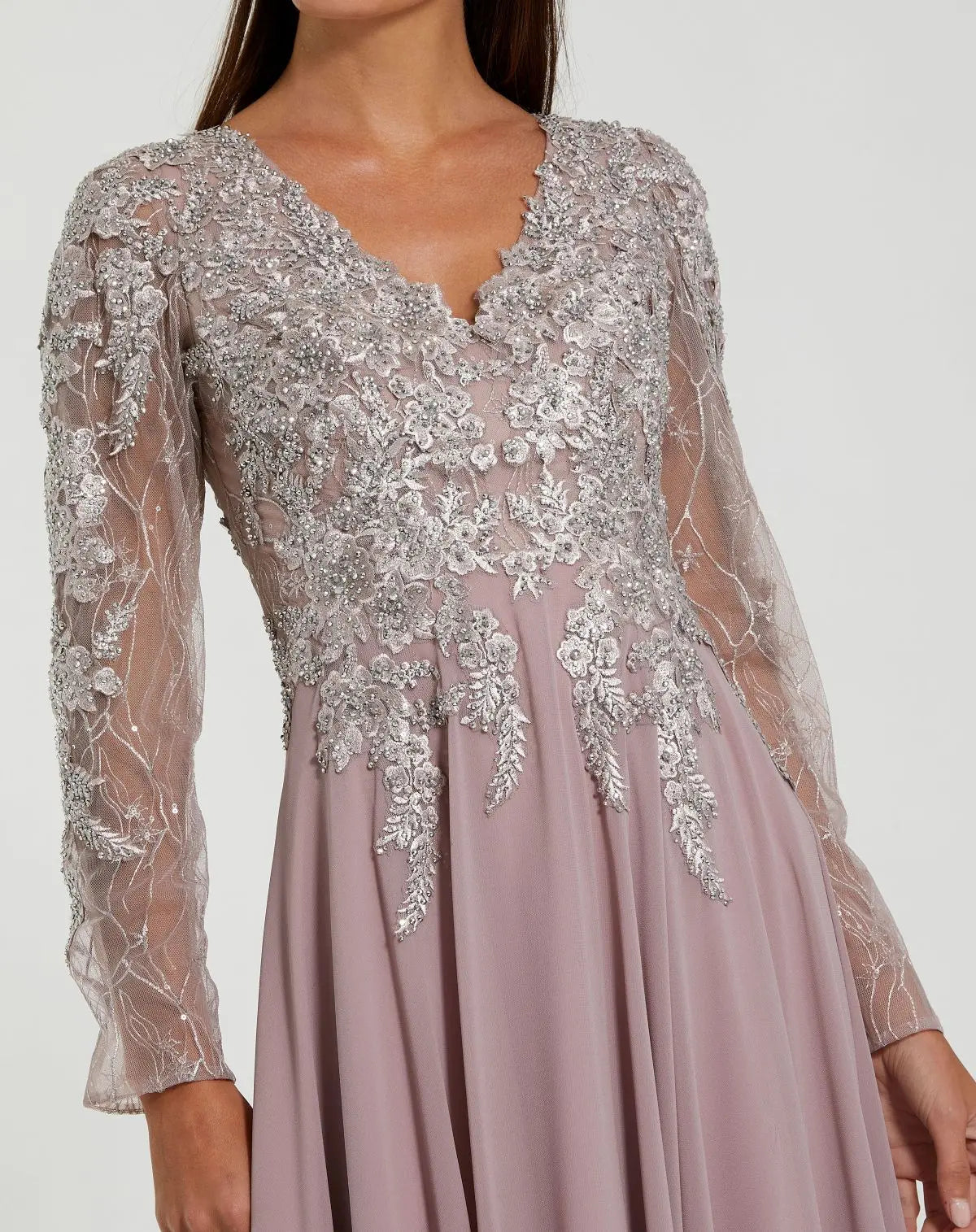 Embellished Illusion V Neck Long Sleeve Gown - Vintage Lilac
