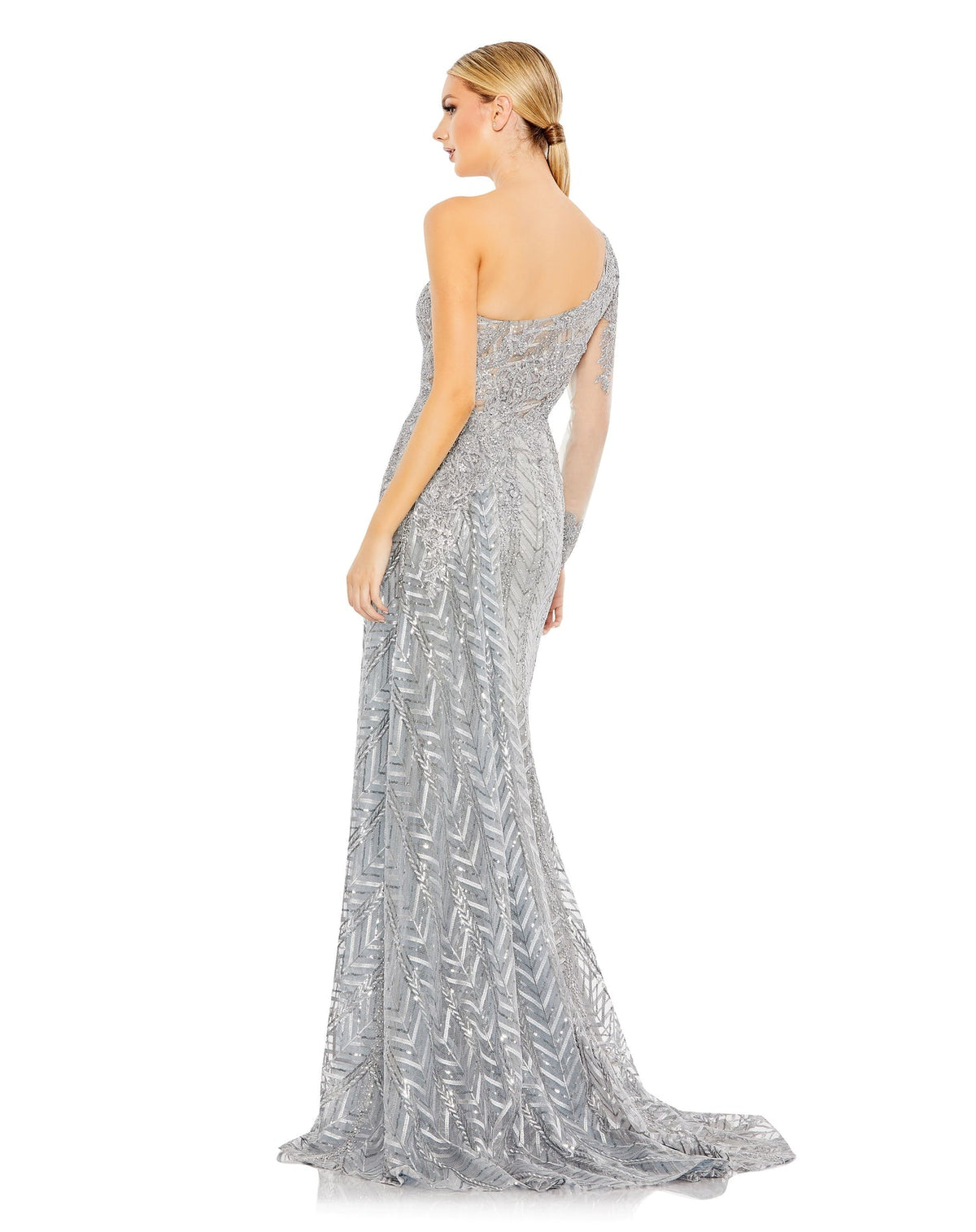 Mac Duggal Style #20401 Embellished one shoulder A-line sequin gown - Silver back