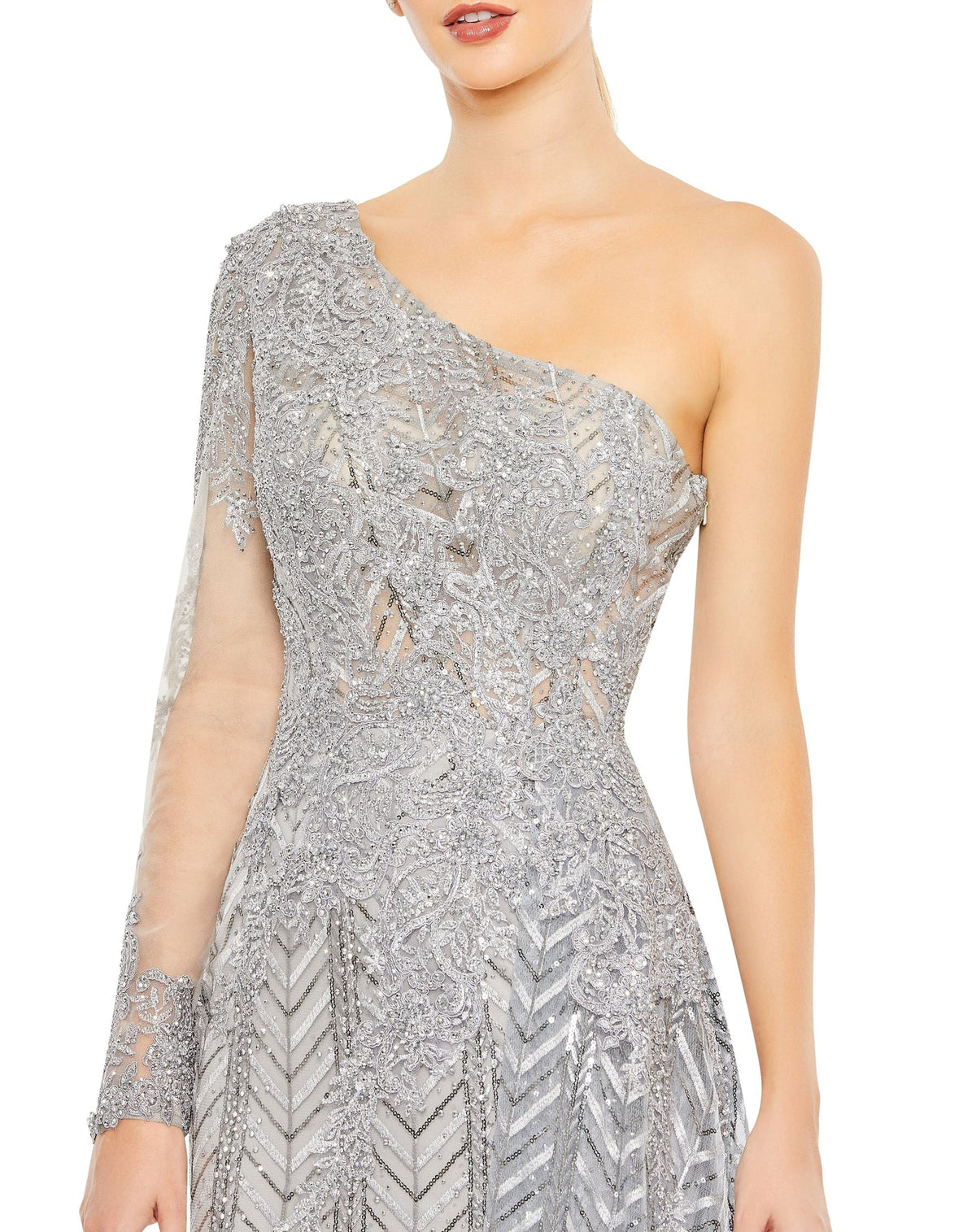 Mac Duggal Style #20401 Embellished one shoulder A-line sequin gown - Silver close up