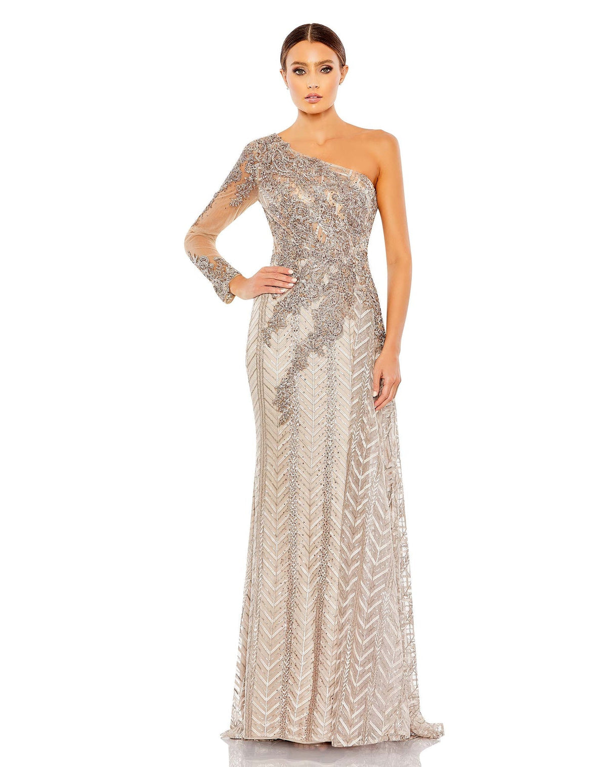 One shoulder A-line sequin gown - Taupe