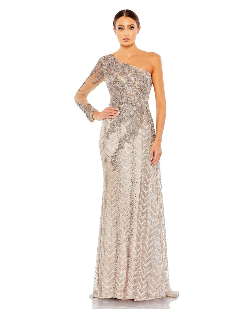 Mac Duggal Style #20401 Embellished one shoulder A-line sequin gown - Taupe