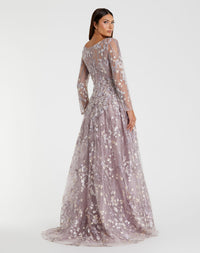 Embroidered Lace Wrap Over Illusion Long Sleeve A Line Gown - White