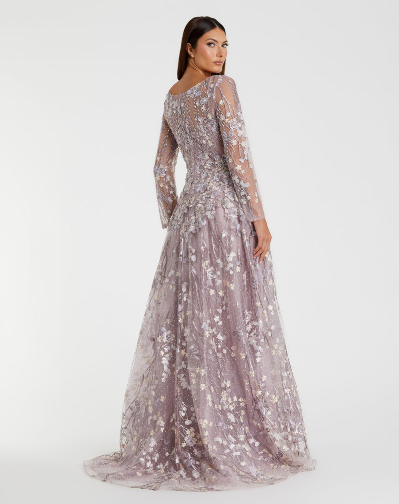 Embroidered Lace Wrap Over Illusion Long Sleeve A Line Gown - White