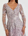 Embroidered Lace Wrap Over Illusion Long Sleeve A Line Gown - White