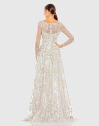 Embroidered Lace Wrap Over Illusion Long Sleeve A Line Gown - White