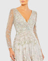 Embroidered Lace Wrap Over Illusion Long Sleeve A Line Gown - White