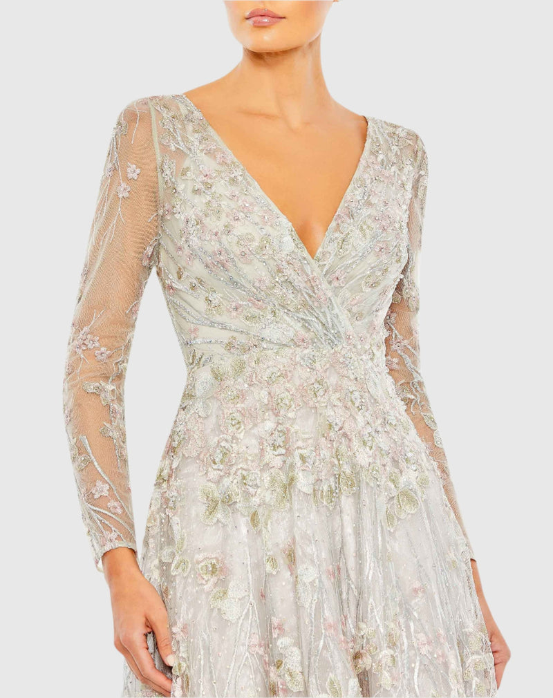 Embroidered Lace Wrap Over Illusion Long Sleeve A Line Gown - White