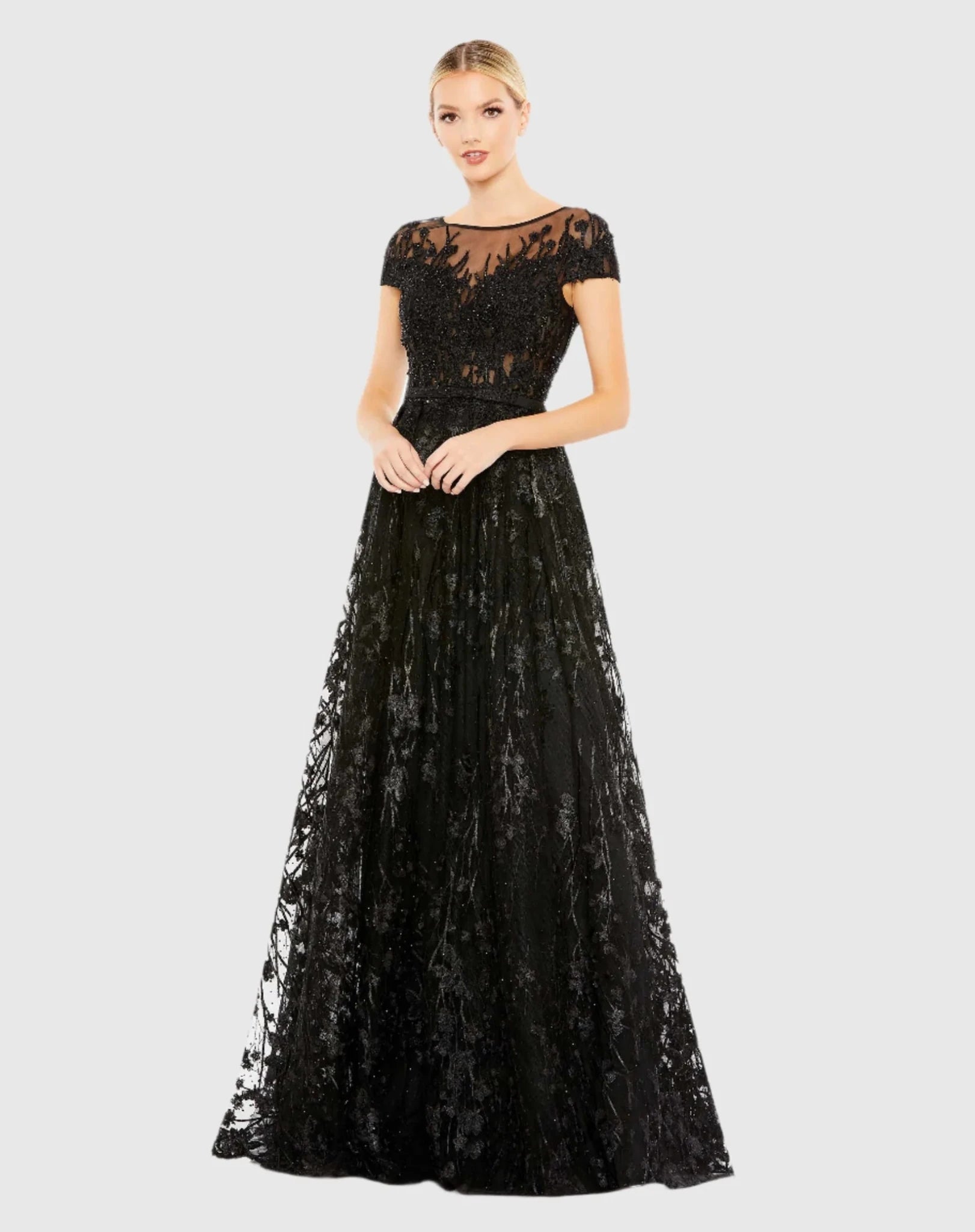 mac duggal black embellished floral long sleeve dress #20405 Cap A Line – Shaide Boutique SUMMER_MD_2024 Sequin Asymmetrical Dress by an exquisite long Color:Light Blue
