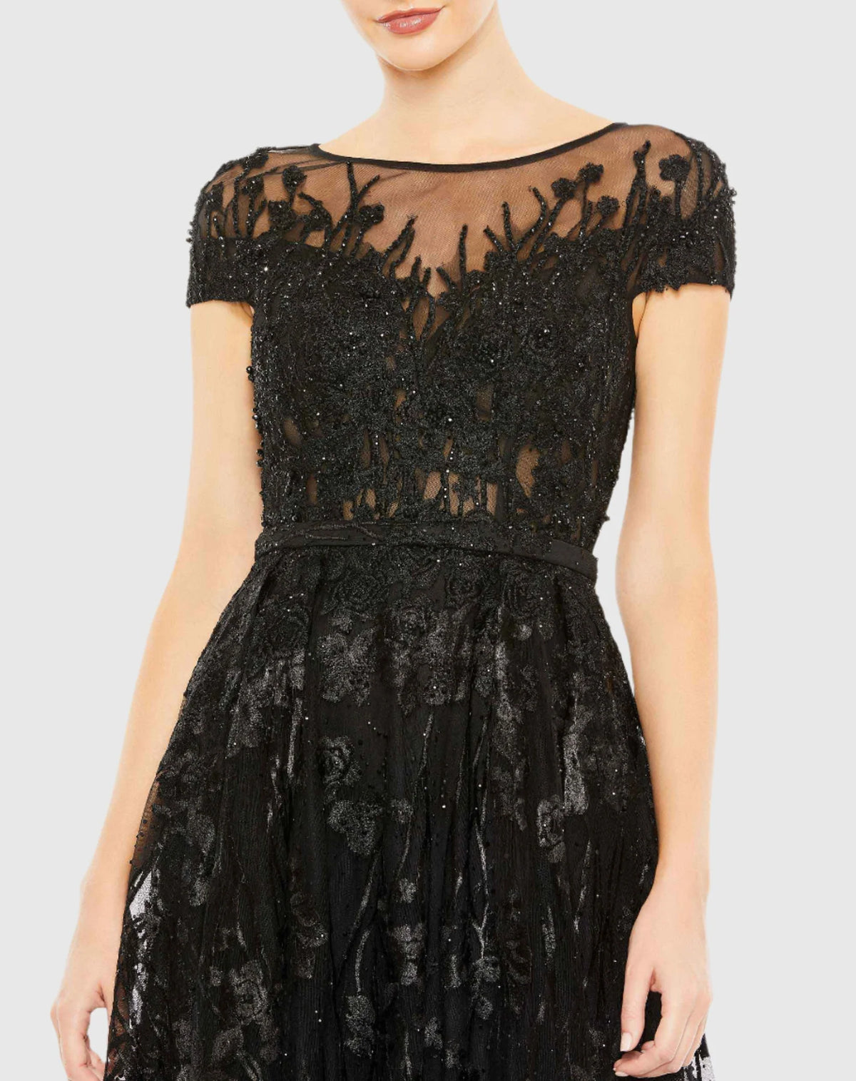 Embellished Floral Cap Sleeve A Line Gown - Black
