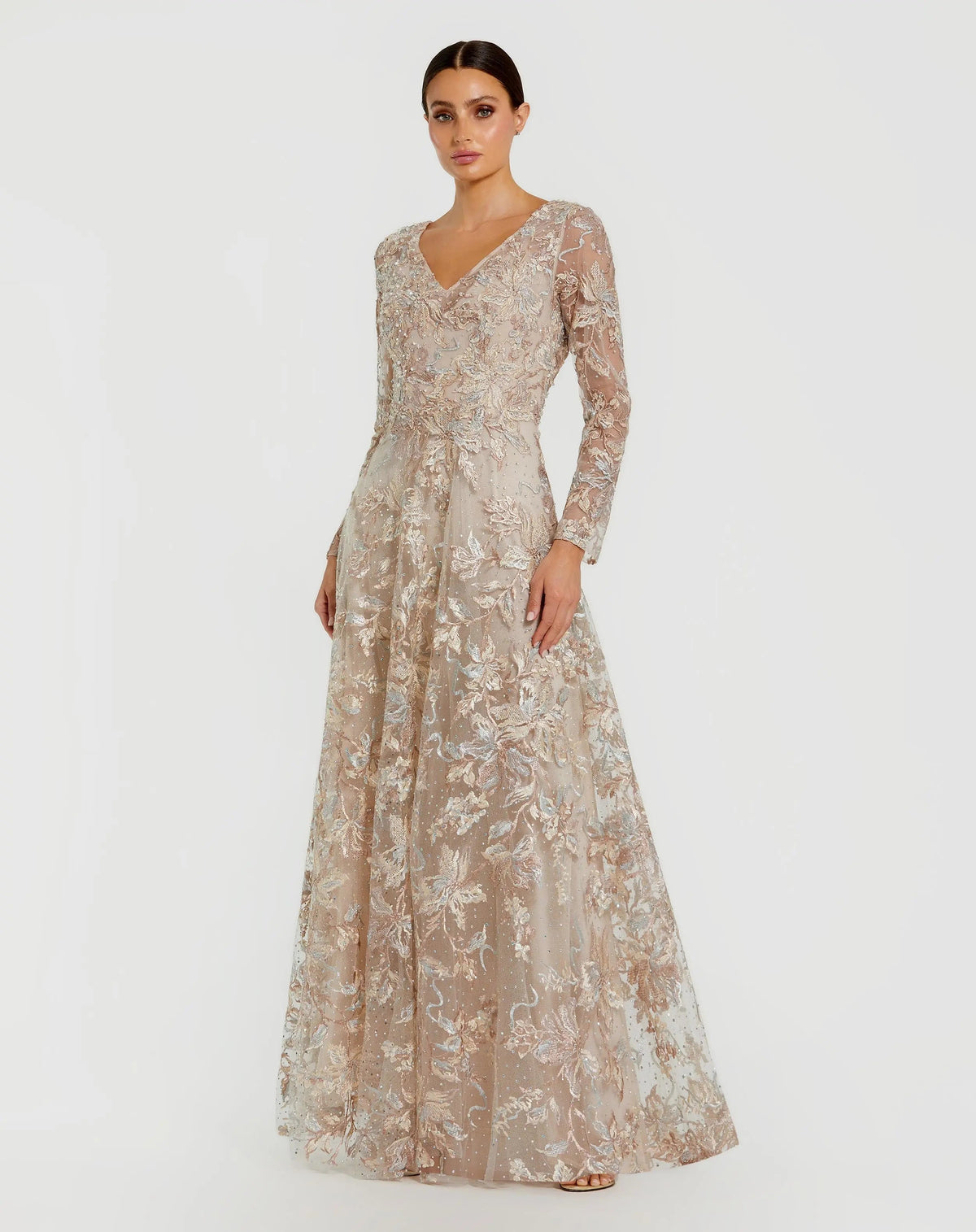 Mac Duggal #20409 champagne embroidered long sleeve a-line gown