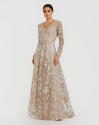 Mac Duggal #20409 champagne embroidered long sleeve a-line gown