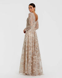 Mac Duggal #20409 champagne embroidered long sleeve a-line gown