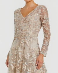 Mac Duggal #20409 champagne embroidered long sleeve a-line gown