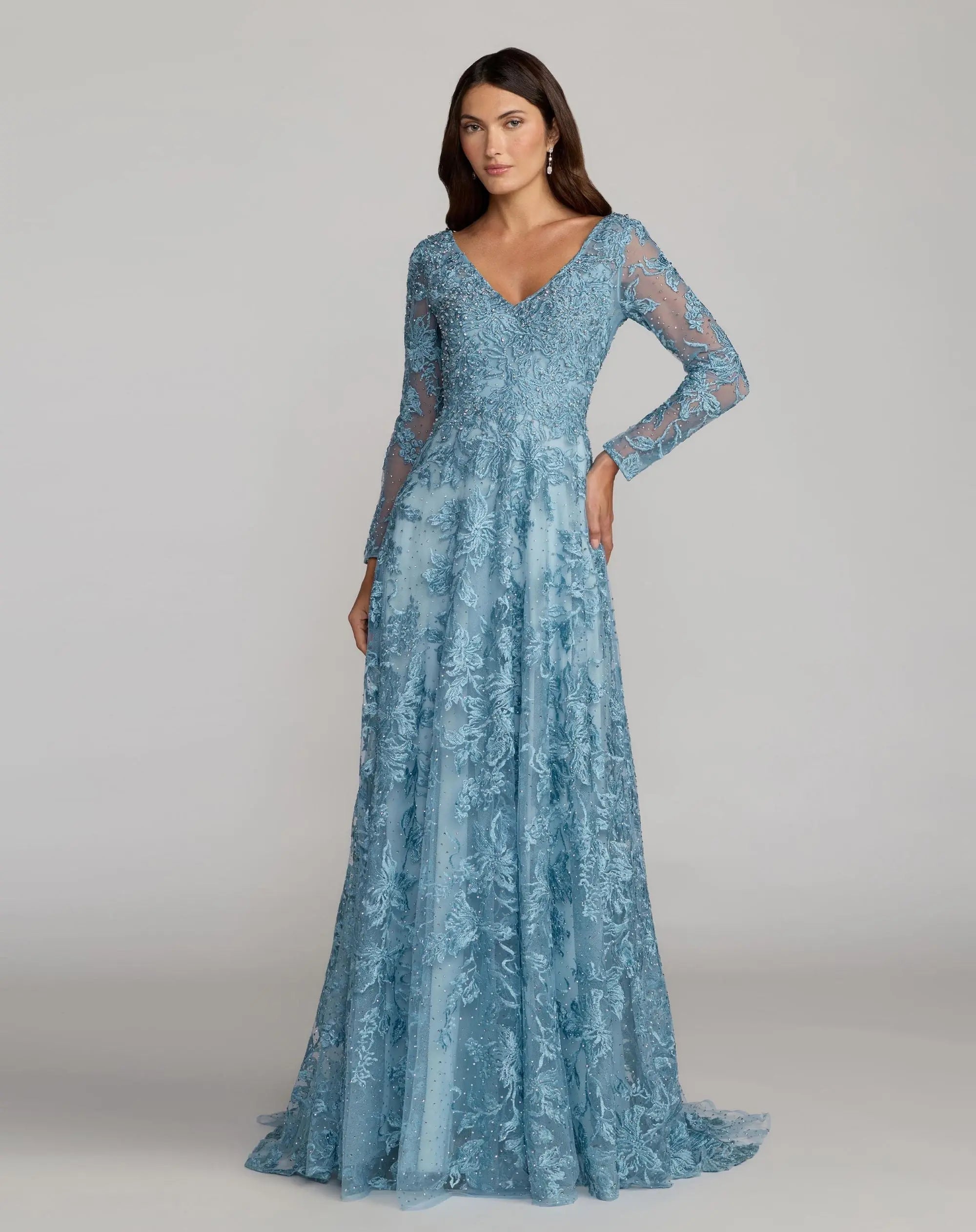 Mac Duggal #20409 french blue embroidered long sleeve a-line gown