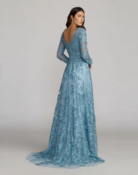 Mac Duggal #20409 french blue embroidered long sleeve a-line gown