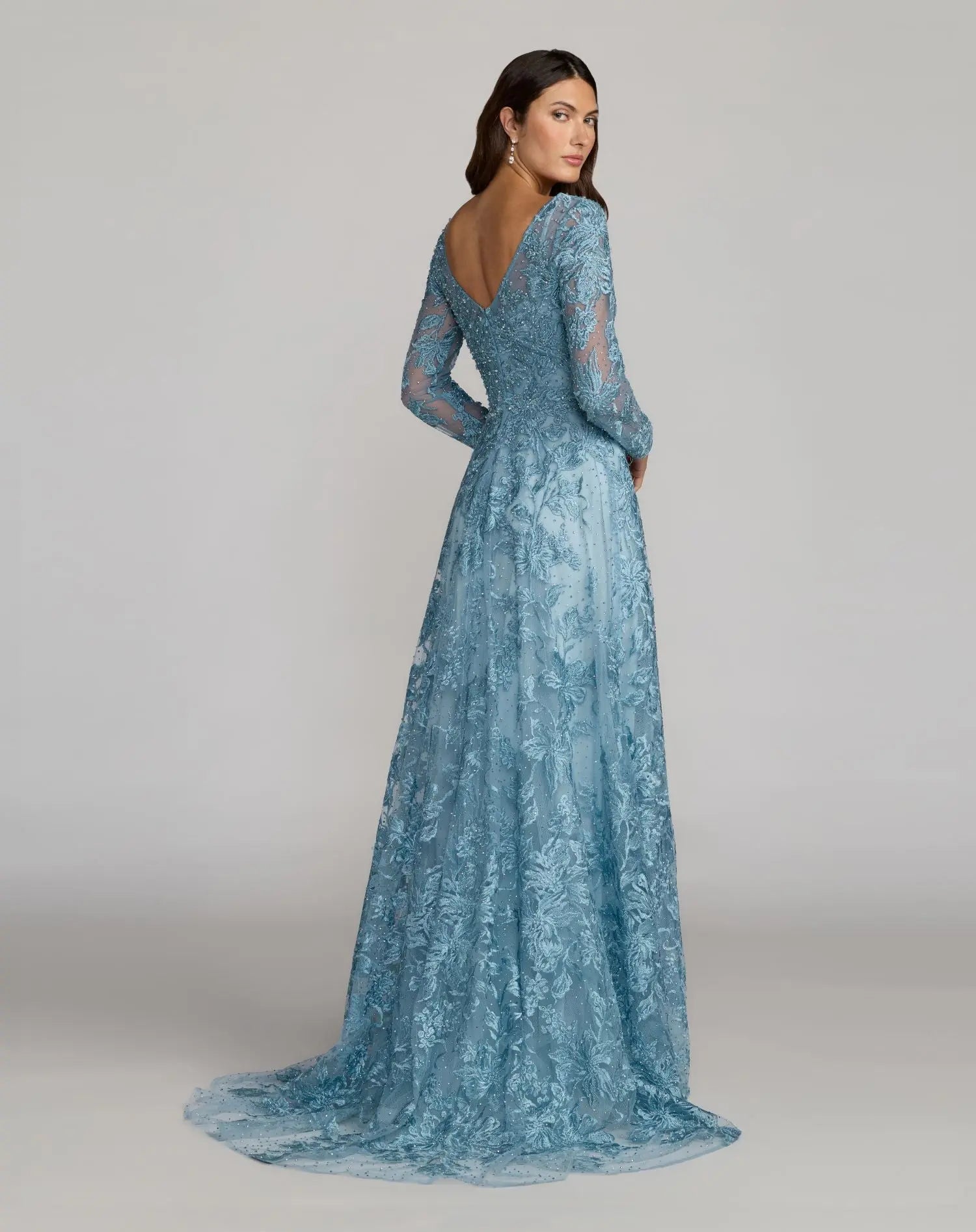 Mac Duggal #20409 french blue embroidered long sleeve a-line gown