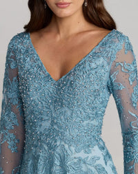 Mac Duggal #20409 french blue embroidered long sleeve a-line gown