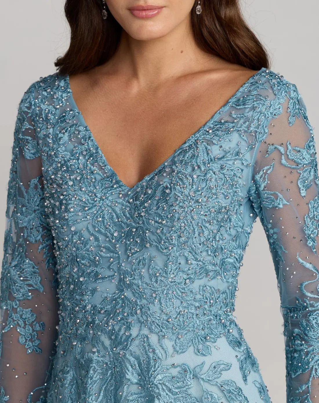 Mac Duggal #20409 french blue embroidered long sleeve a-line gown