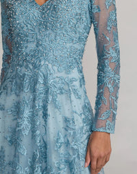Mac Duggal #20409 french blue embroidered long sleeve a-line gown