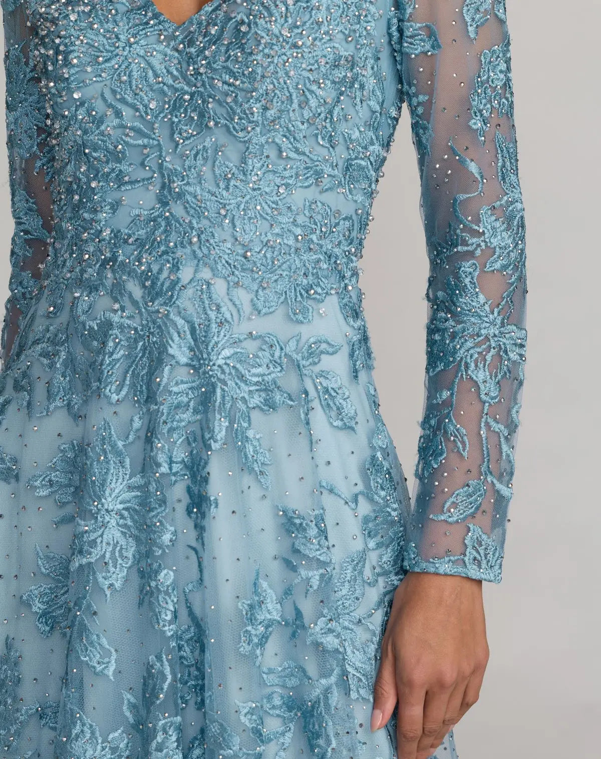 Mac Duggal #20409 french blue embroidered long sleeve a-line gown