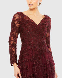 Embellished Illusion Long Sleeve V Neck Gown - Mahoganny