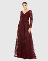 Mac Duggal #20409 Embellished Illusion Long Sleeve V Neck Gown, Berry