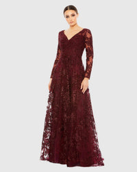 Mac Duggal #20409 Embellished Illusion Long Sleeve V Neck Gown, Berry