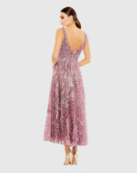 V-Neck Low Cut Back Floral Embroidered A-Line Dress - Seafoam