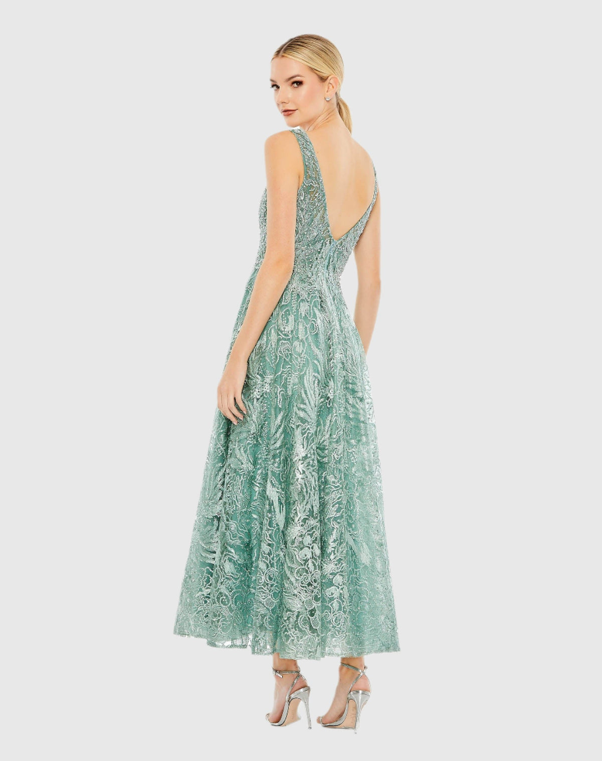V-Neck Low Cut Back Floral Embroidered A-Line Dress - Seafoam