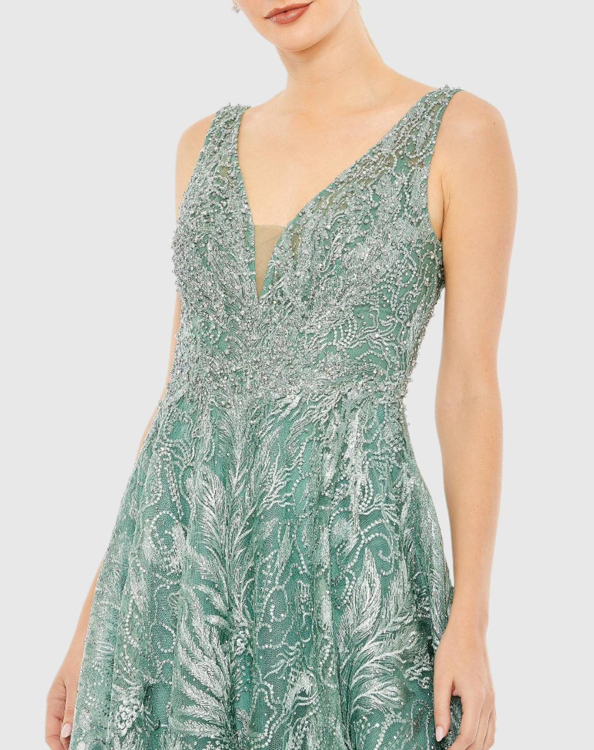 V-Neck Low Cut Back Floral Embroidered A-Line Dress - Seafoam