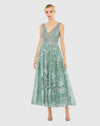 V-Neck Low Cut Back Floral Embroidered A-Line Dress - Seafoam