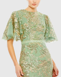 Embellished flutter sleeve high-neck gown - Sage
