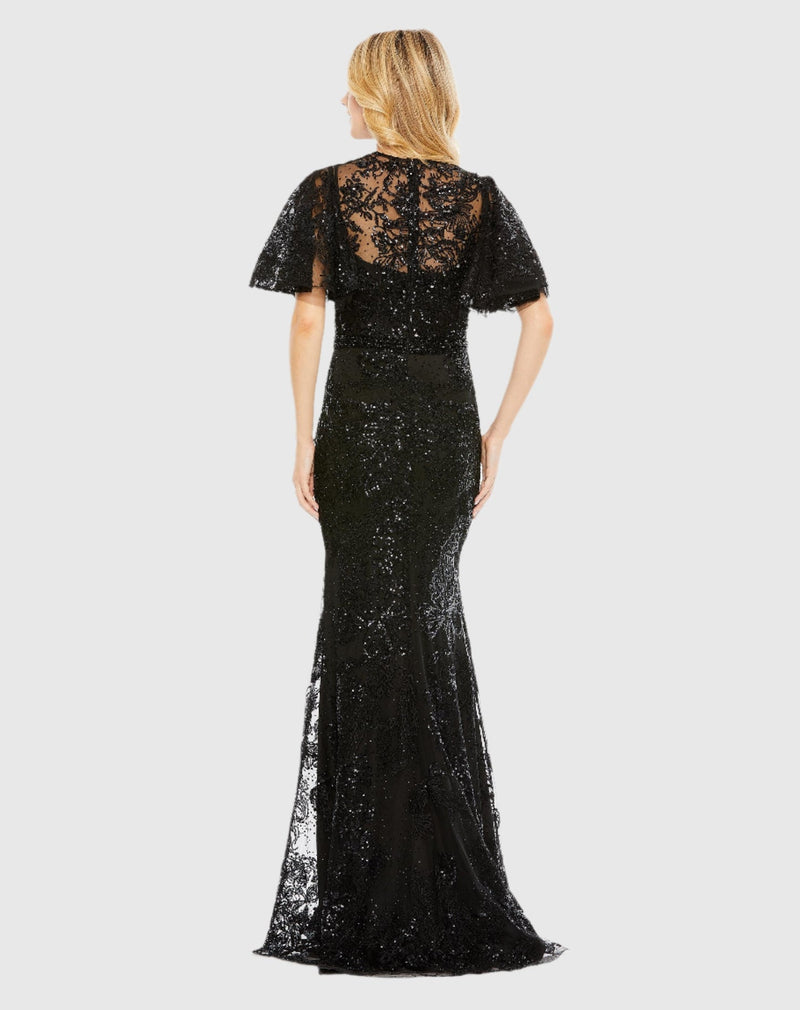 Embellished flutter sleeve high-neck gown - Sage