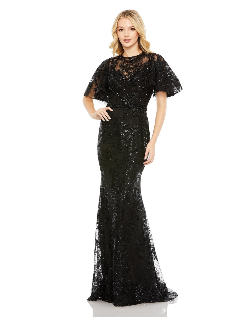 Mac Duggal Style #20438 Embellished flutter sleeve high-neck gown - black 
