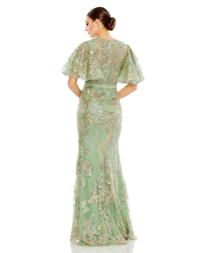 Mac Duggal Style #20438 Embellished flutter sleeve high-neck gown - Sage back view