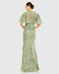 Embellished flutter sleeve high-neck gown - Sage