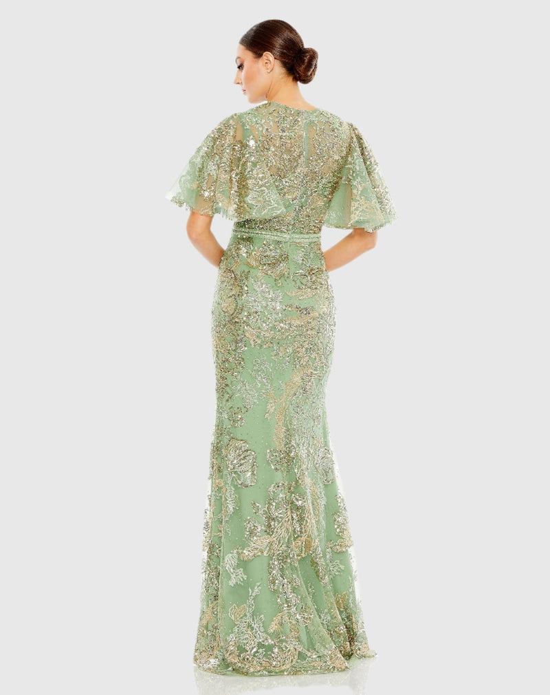Embellished flutter sleeve high-neck gown - Sage