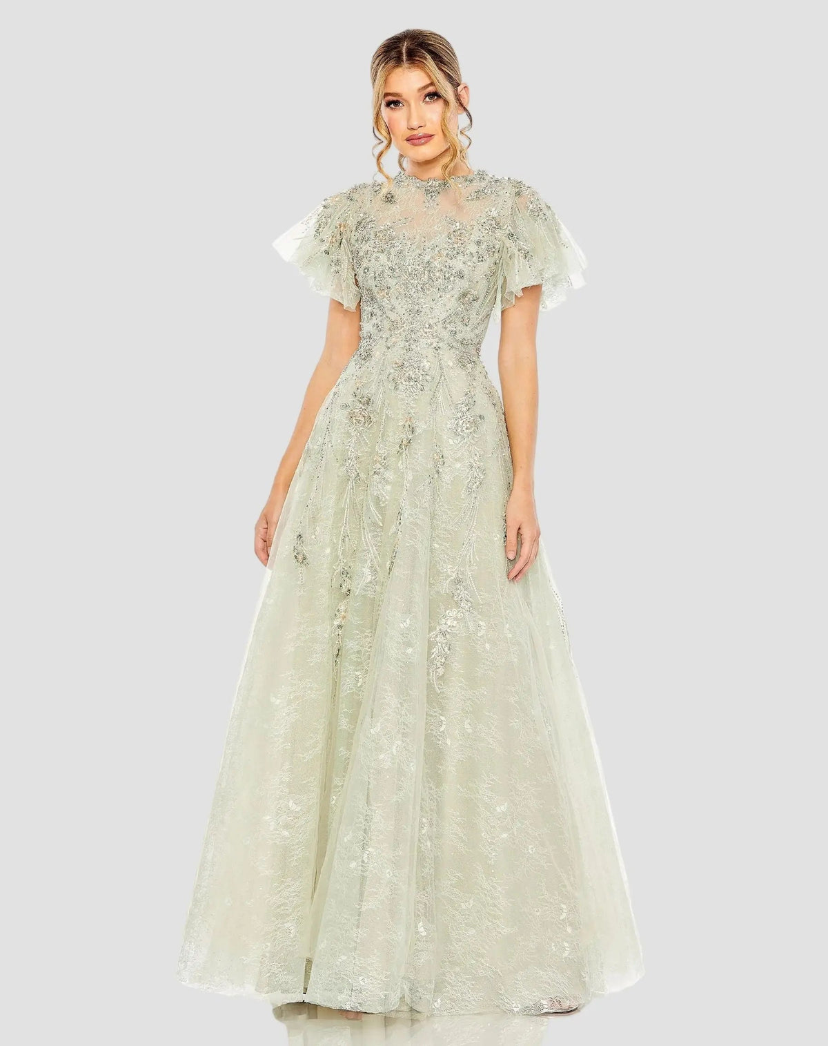 Green Embroidered Tulle Flutter Sleeve A-line Gown