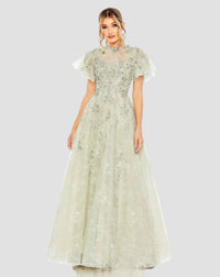 Green Embroidered Tulle Flutter Sleeve A-line Gown